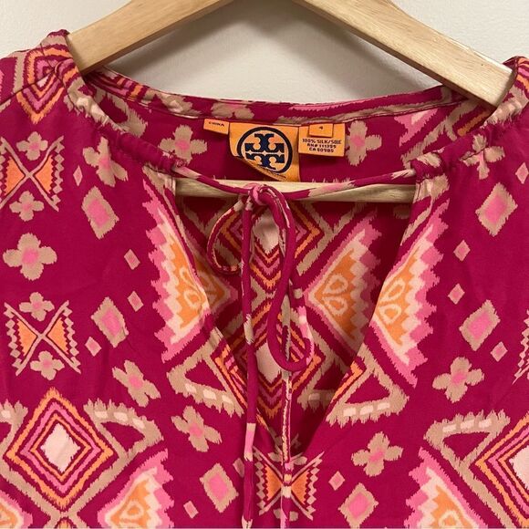 Tory Burch pink printed silk top with cinched sleeves 4 - Picture 2 of 6